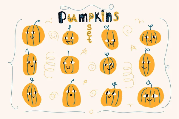 Carine Facce Zucca Dei Cartoni Animati Buon Halloween Doodle Set Illustrazione Stock