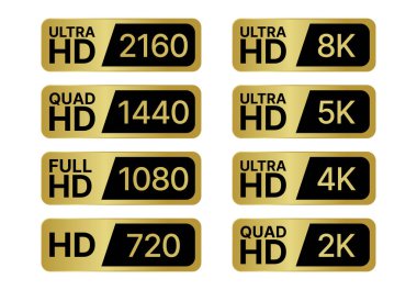 Yüksek çözünürlüklü etiketler - Full, Ultra, Quad, HD yüksek çözünürlüklü rozet. 8K, 5K, 4K, 2K, 2160, 1440, 1080, 720 piksel çözünürlükte ekran. Bilgisayar ve TV oranı ekranı. Tüm vektör çizer rozet etiketleri.