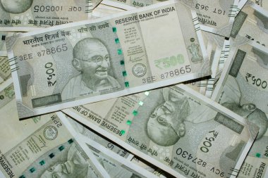 Gıcır gıcır Hindistanın yakın görüntüsü. Arka planda 500 rupluk banknotlar..