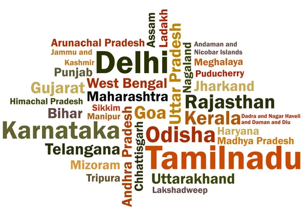 Imprimirnuvem Palavras Coloridas Nomes Estados Indianos — Vetor de Stock