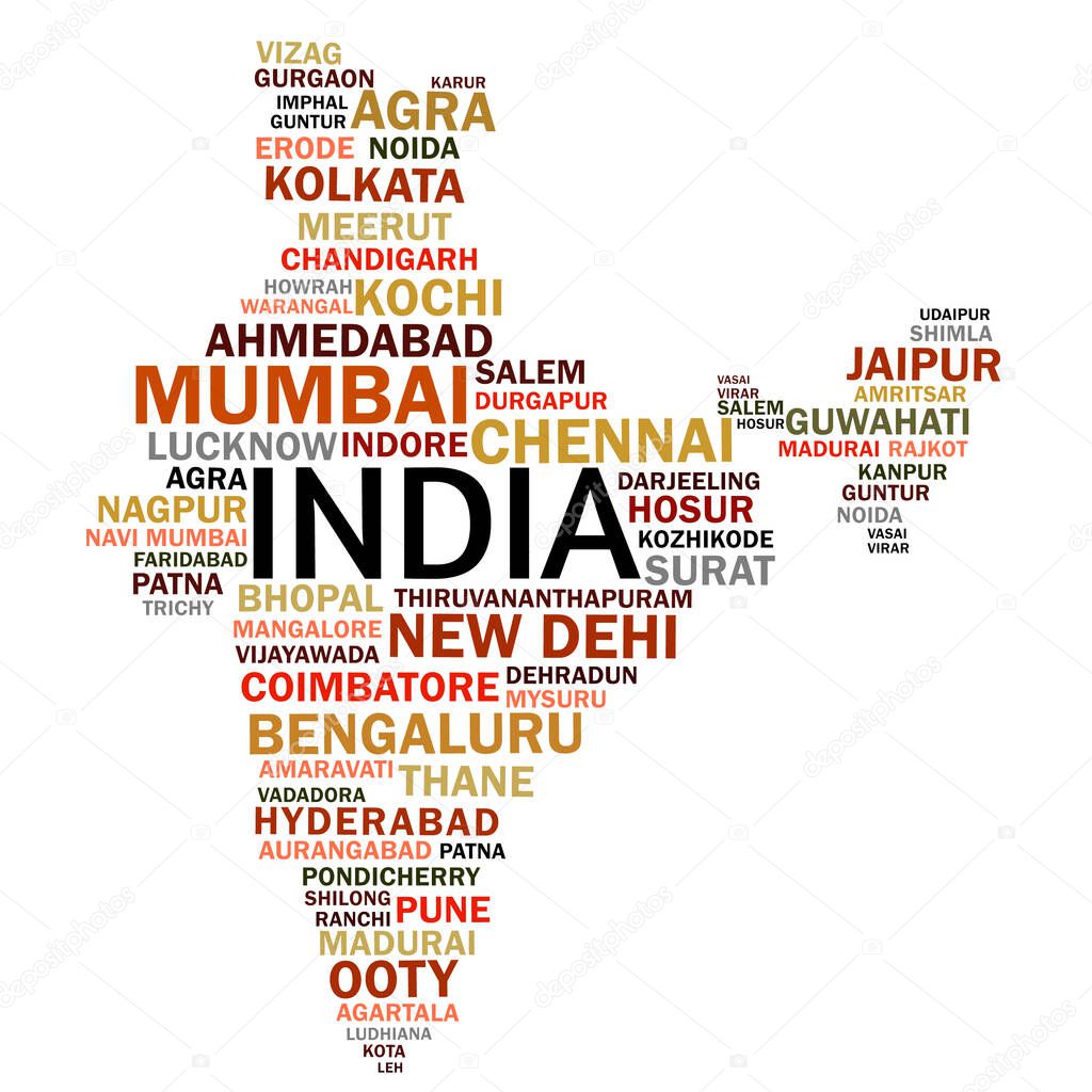 India map formed with Indian cities World cloud