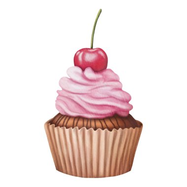 Tatlı pembe kek. Beyaz arkaplanda izole edilmiş suluboya el çizimi.