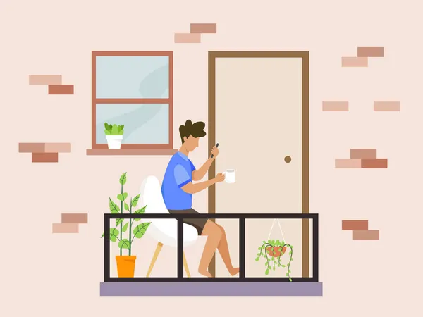 Quédate Casa Ilustración Concepto Hombre Sentado Una Silla Balcón Casa — Vector de stock