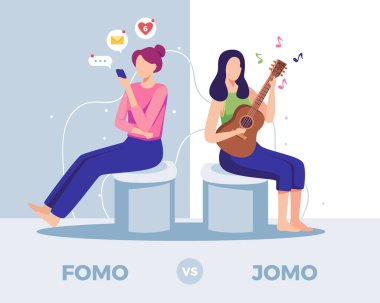 Joy 'a karşı fırsatı kaçırma korkusu. Farklı koşullara sahip iki genç kadın Fomo ve Jomo 'nun hayatlarını sembolize ediyor. Düz biçimli vektör illüstrasyonu