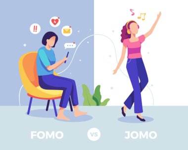 Joy 'a karşı fırsatı kaçırma korkusu. Farklı koşullara sahip iki kadın, Fomo ve Jomo 'nun hayatını sembolize ediyor. Düz biçimli vektör illüstrasyonu