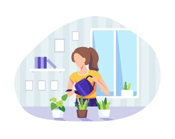 Joy Missing Out Ilustración Conceptual Mujer Quedándose Casa Cuidando Plantas — Vector de stock