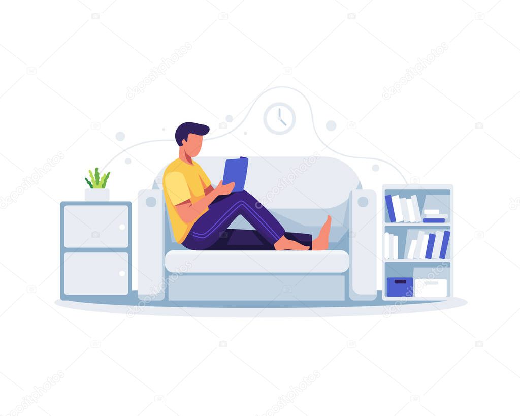 Joy of Missing Out concept illustration. Man sitting on the couch reading a book at home. Vector illustration in a flat style