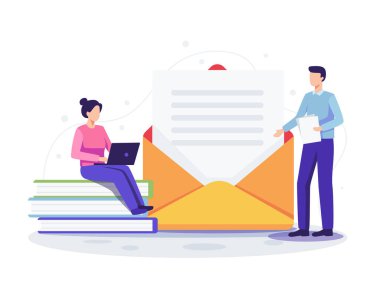 E- posta işi illüstrasyonu. Haber bülteni ve e-posta pazarlama kavramı. Düz bir şekilde vektör illüstrasyonu