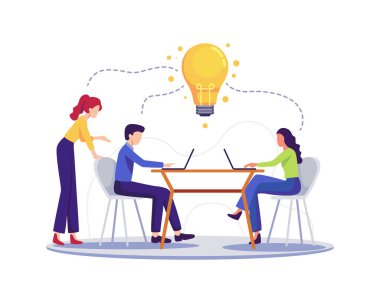 Arama, Tasarım ve Yaratıcı Geliştirme. Ekip çalışıyor ve yeni projeyi tartışıyor, yaratıcı süreç, beyin fırtınası konsepti. Düz bir şekilde vektör illüstrasyonu