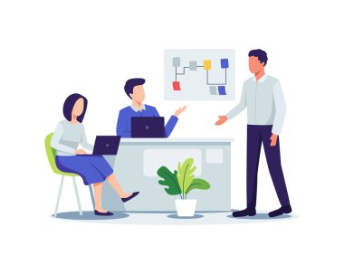 Proje işbirliği konsepti çizimi. Ekip çalışıyor ve yeni proje, proje yönetimi, yaratıcı süreç kavramını tartışıyor. Düz bir biçimdeki vektör