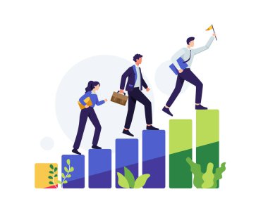 Takım lideri konsepti çizimi. İş adamlarının basamakları ya da basamakları tırmanması, iş başarısı ve liderlik kavramı. Düz bir şekilde vektör illüstrasyonu