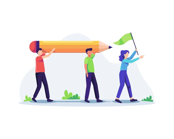 People Working Together Illustration Tiny People Team Holding Large Pencil — Vettoriale Stock