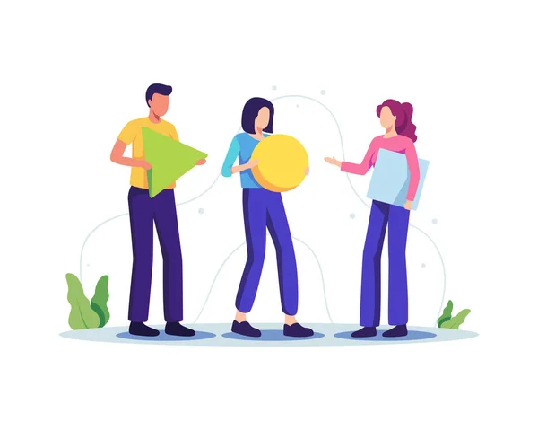 Group People Working Together Team Young Men Women Collecting Shapes — Stock Vector