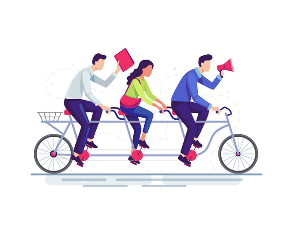 Teamwork vector illustration. Business people riding a bike, People in a team on tandem bike moving towards to achieve common goals. Vector in a flat style