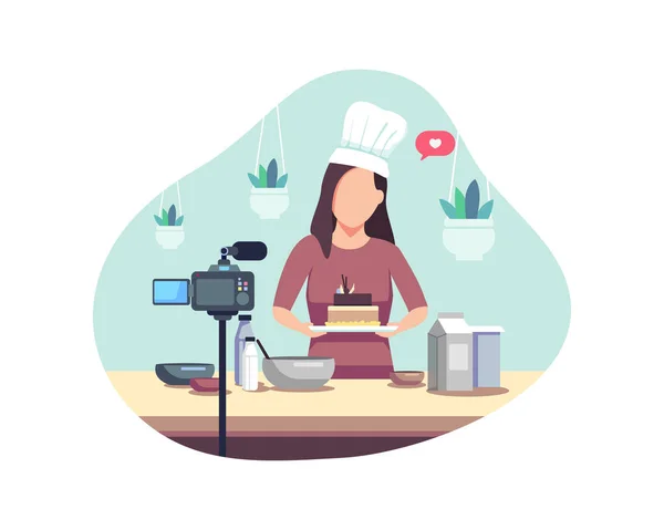 Εικονογράφηση Έννοιας Μαγειρικής Blogger Νεαρή Γυναίκα Κάνει Ένα Φροντιστήριο Ψησίματος — Διανυσματικό Αρχείο