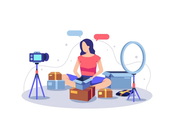 Content Creator Product Review Illustration Female Vlogger Unboxing Review Product — Stock Vector