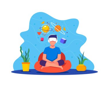 Sanal gerçeklik konsepti çizimi. İnsanlar artırılmış gerçekliği kullanıyor, genç adam evde VR gözlüğü kullanıyor. Düz bir şekilde vektör illüstrasyonu