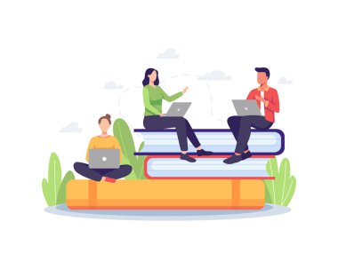 Öğrenci konsepti illüstrasyonu. Üniversite ya da üniversite öğrencileri bir yığın kitabın üzerinde oturup dizüstü bilgisayar kullanıyorlar. Düz bir şekilde vektör illüstrasyonu