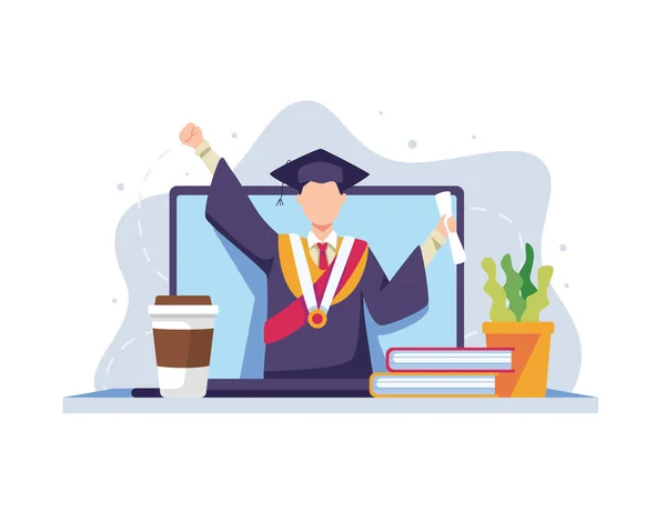 Ilustração Conceito Graduação Online Graduação Virtual Tela Laptop Ilustração Vetorial — Vetor de Stock