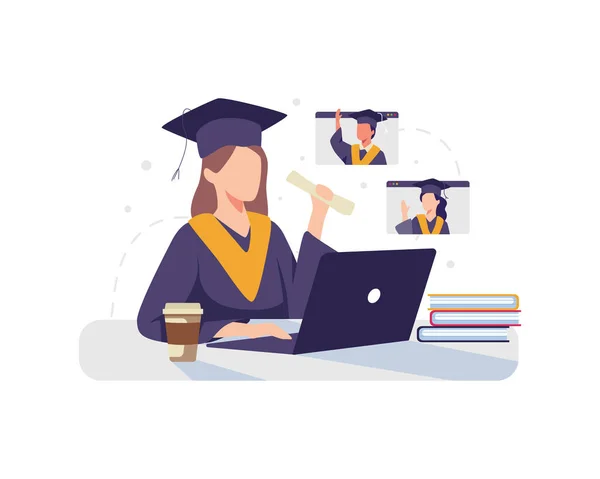 Online Graduation Concept Illustration Student Character Graduate Cap Laptop Vector — Stock Vector