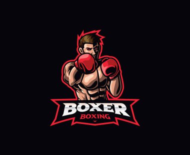 Boxer maskot logosu tasarımı. Fighters boks kulübü vektör illüstrasyonu. Maskot, sembol ve kimlik logosu, amblem sporları veya e-spor oyun takımı