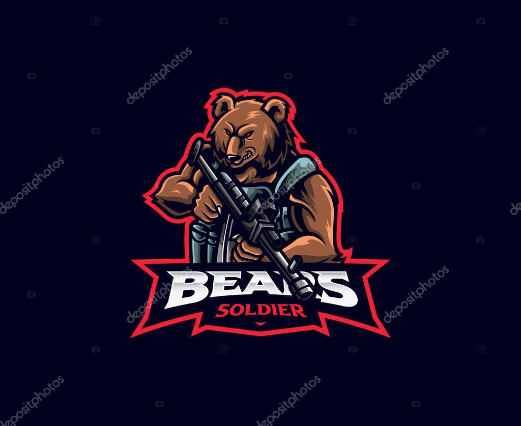 Bear mascot logo design. Vector illustration soldier bear with rifle. Logo illustration for mascot or symbol and identity, emblem sports or e-sports gaming team