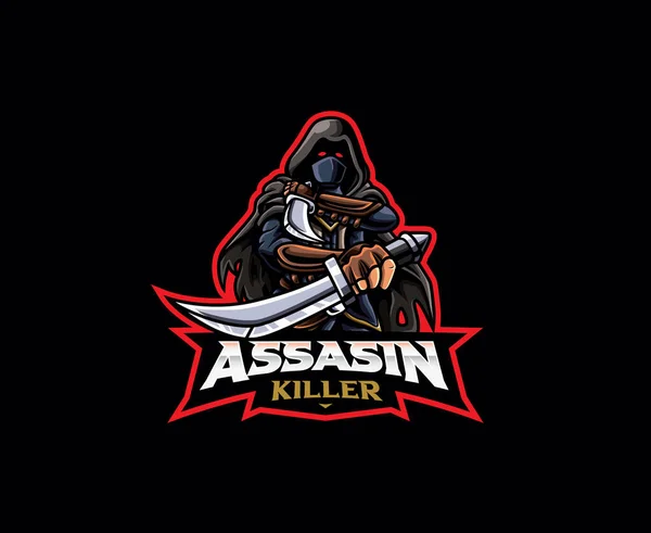 Σχεδιασμός Λογότυπου Assassin Μασκότ Μαύρη Δολοφονική Διανυσματική Απεικόνιση Δολοφόνου Εικονογράφηση — Διανυσματικό Αρχείο