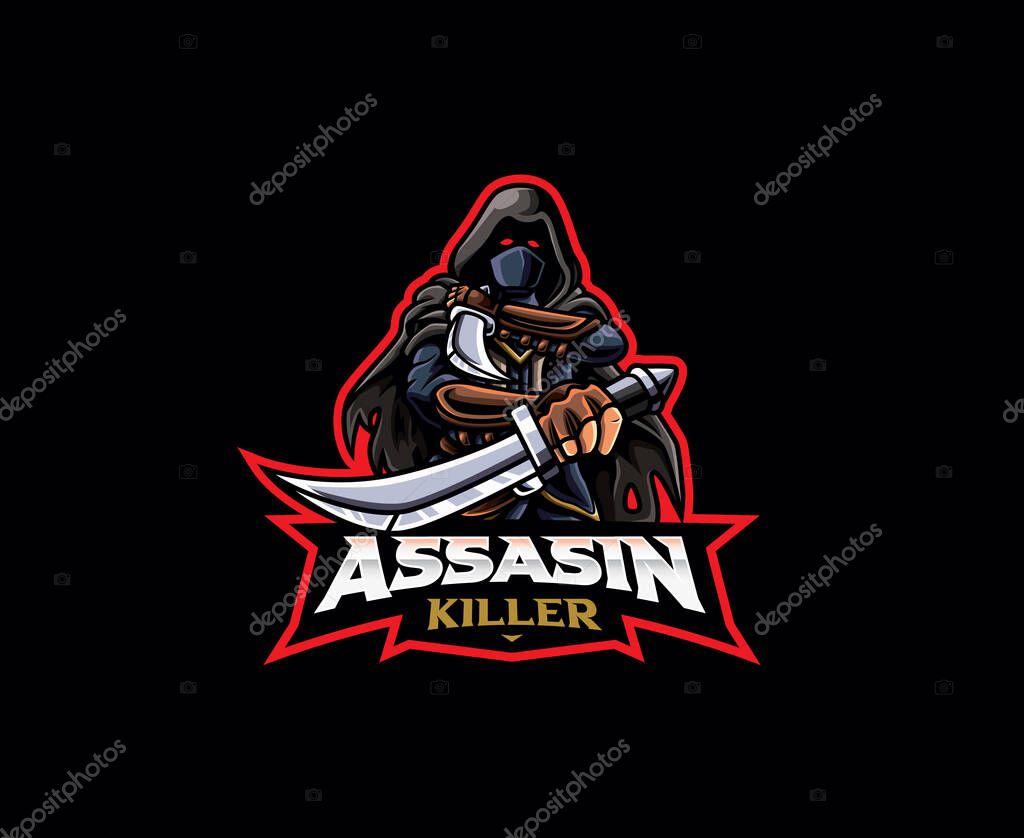Assassin mascot logo design. Black assassin killer vector illustration. Logo illustration for mascot or symbol and identity, emblem sports or e-sports gaming team