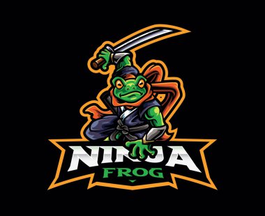 Kurbağa ninja logosu tasarımı. Kurbağa ninja vektör çizimi. Maskot, sembol ve kimlik logosu, amblem sporları veya e-spor oyun takımı