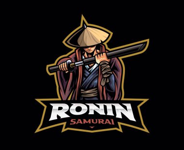 Ronin maskot logosu tasarımı. Ronin samuray çizimi. Maskot, sembol ve kimlik logosu, amblem sporları veya e-spor oyun takımı