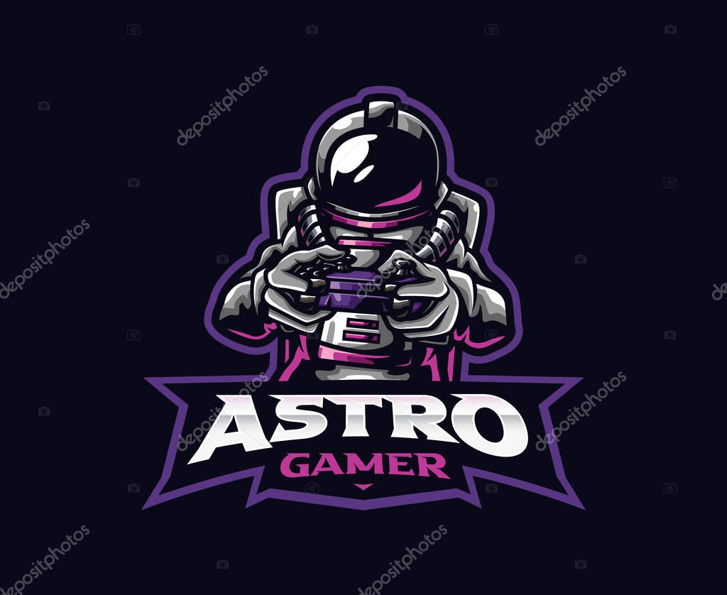 Astronaut gamer mascot logo design. Astronaut playing game vector illustration. Logo illustration for mascot or symbol and identity, emblem sports or e-sports gaming team