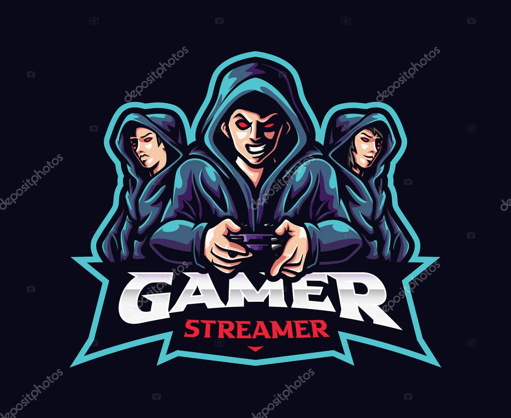 Gamer mascot logo design. Three gamer streamer vector illustration. Logo illustration for mascot or symbol and identity, emblem sports or e-sports gaming team