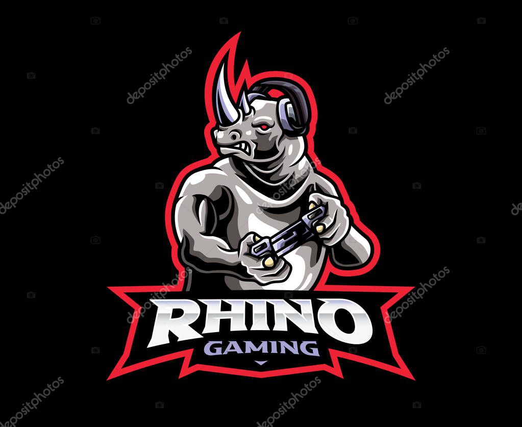 Gamer mascot logo design. Rhino gamer vector illustration. Logo illustration for mascot or symbol and identity, emblem sports or e-sports gaming team