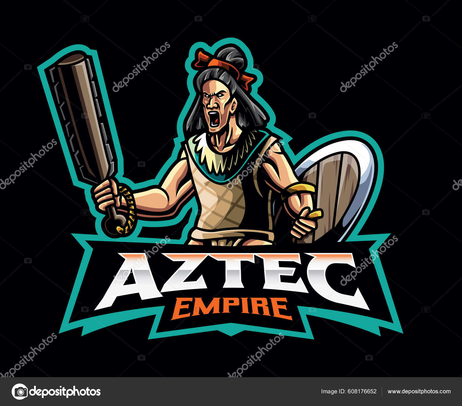 アステカ帝国のマスコットのロゴデザイン アステカ戦士ベクトルイラスト マスコットやシンボルとアイデンティティ  エンブレムスポーツやEスポーツゲームチームのためのロゴイラスト ストックベクター ©Fand Studio 608176652, image size:1600x1409