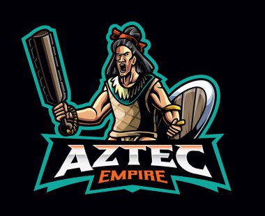 Aztek İmparatorluğu maskot logosu tasarımı. Aztek savaşçısı vektör çizimi. Maskot, sembol ve kimlik logosu, amblem sporları veya e-spor oyun takımı