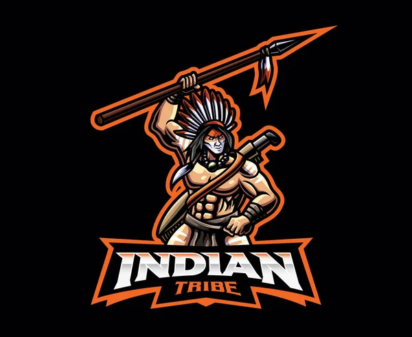 Design Logo Tribului Indian Mascota Ilustrație Vectorială Războinic Indian Ilustrație — Vector de stoc