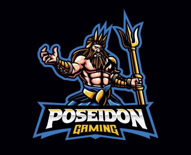 Poseidon tanrı maskotu logosu tasarımı. Okyanusun vektör illüstrasyon tanrısı. Maskot, sembol ve kimlik logosu, amblem sporları veya e-spor oyun takımı