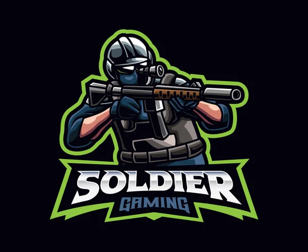 Soldat Maskot Logotyp Design Arméns Soldatvektor Illustration Logotypillustration För Maskot — Stock vektor