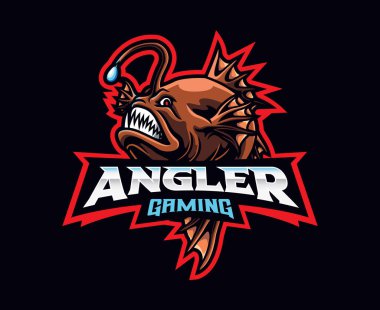 Anglerfish maskot logosu tasarımı. Canavar balık vektör çizimi. Maskot, sembol ve kimlik logosu, amblem sporları veya e-spor oyun takımı