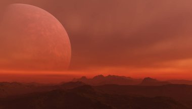 3D Yapılandırılmış Uzay Sanatı: Uzaylı Gezegeni - Kızıl gökyüzü ile Fantezi Alanı