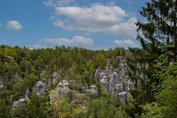 Panorama Der Sächsischen Schweiz Vor Blauem Wolkenverhangenem Himmel Elbsandsteingebirge Vom — Stockfoto