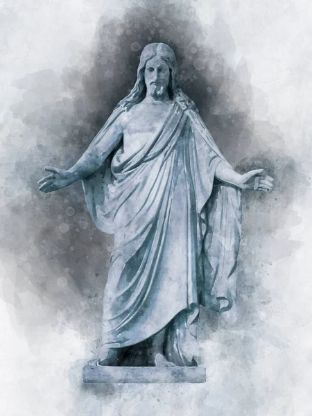 Aquarelverf Schilderij Van Middeleeuwse Kerk Standbeeld Van Jezus Christus Met — Stockfoto