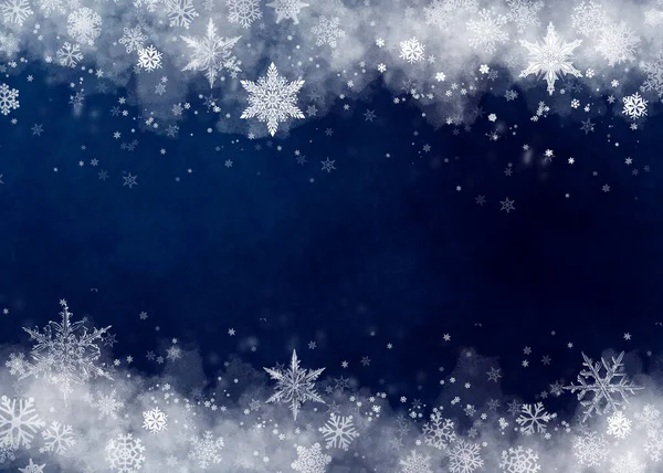 雪的背景 蓝色的圣诞降雪 有分散焦点的雪花和漩涡 冬天的概念与降雪 假日质地和白色雪花 — 图库照片