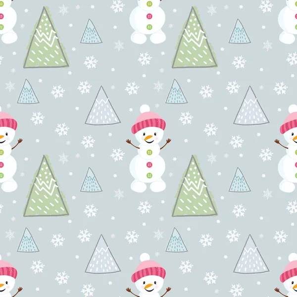 圣诞无缝图案 雪人和雪花在明亮的灰色背景上 圣诞假期 包装纸 — 图库照片