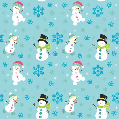 Yılbaşı tatili, duvar kâğıdı, ambalaj kağıdı, arka plan için parlak mavi arka planda kardan adam ve kar taneleriyle kusursuz bir Noel deseni.