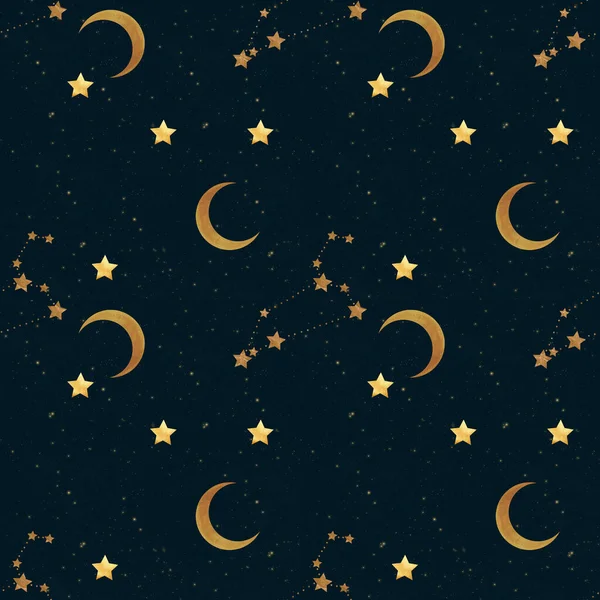 Golden moons and stars on black background, Seamless pattern for wallpaper, textile, wrapping, scrapbooking