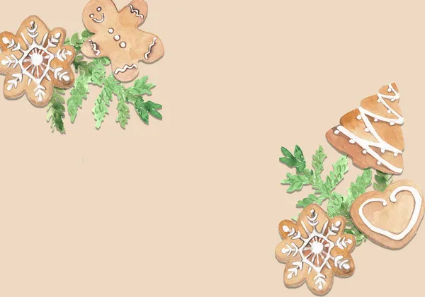 Christmas Gingerbread Doodles Fir Twigs Beige Background Festive Cookies Holiday — Stock Photo, Image