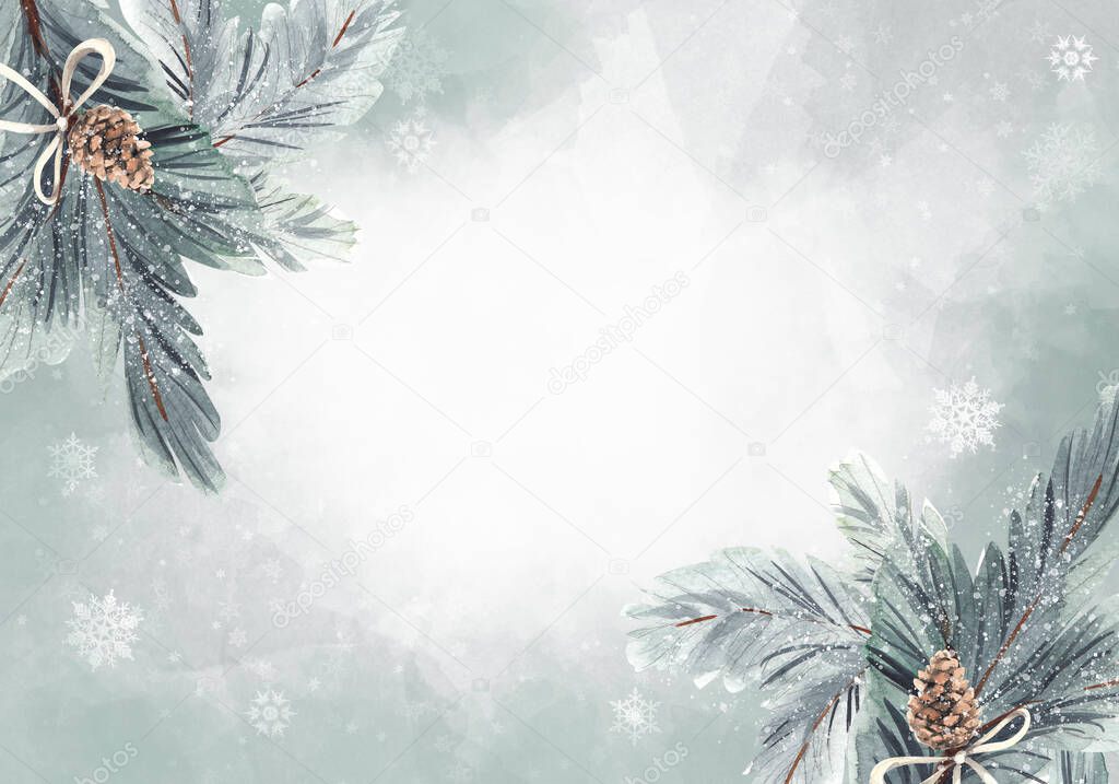 Watercolor christmas card template with pine branches. Christmas decorations.