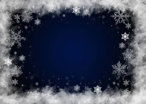 雪的背景 蓝色的圣诞降雪 有分散焦点的雪花和漩涡 冬天的概念与降雪 假日质地和白色雪花 — 图库照片