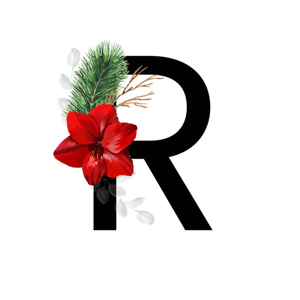 赤いアマリリスの花と松の小枝で飾られた大文字のR クリスマスの装飾が施された英語のアルファベットの手紙 — ストック写真
